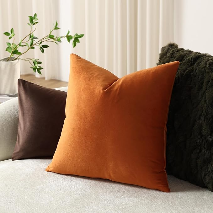 Throw Pillow Covers 20x20 Orange: Pack of 2 Cozy Soft Velvet Square Modern Luxury Decorative Throw Pillow Cases for Sofa Couch Living Room Bed Home Decor