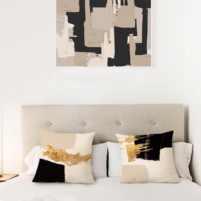 Black Beige Gold Pillow Covers, Abstract Black and Gold Pillow Covers 18x18 Set of 2, Modern Boho Home Decor, Black and Gold Pillows Decorative Throw Pillows for Couch Living Room Bedroom