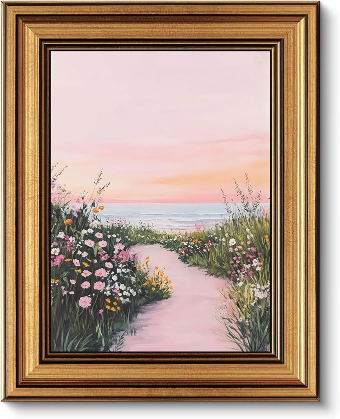 Gold Framed Wall Art, Pink Coastal Seascape Canvas Prints, Pink Sky Beach Wildflower Landscape Picture Wall Decor, Dreamy Beachy Aesthetic Artwork for Living Room Bedroom 9x11 inch