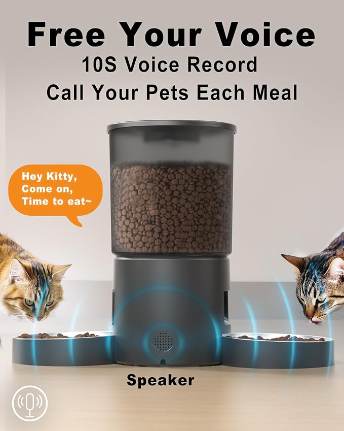 Automatic Cat Feeder 2 Cats, 4.2L Dry Food Auto Dispenser with Double Bowls,Dual Power Supply,Programmable Portion Control,10s Voice Recorder(Black,Stainless Steel Bowls) (Transparent+Black)