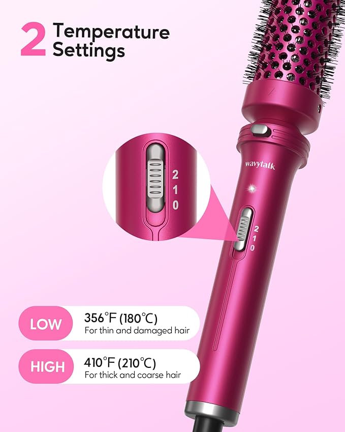 Wavytalk Heated Round Brush, 1 1/2 inch Blowout Look with Detachable Head, Dual Voltage for Travel, Rose Red