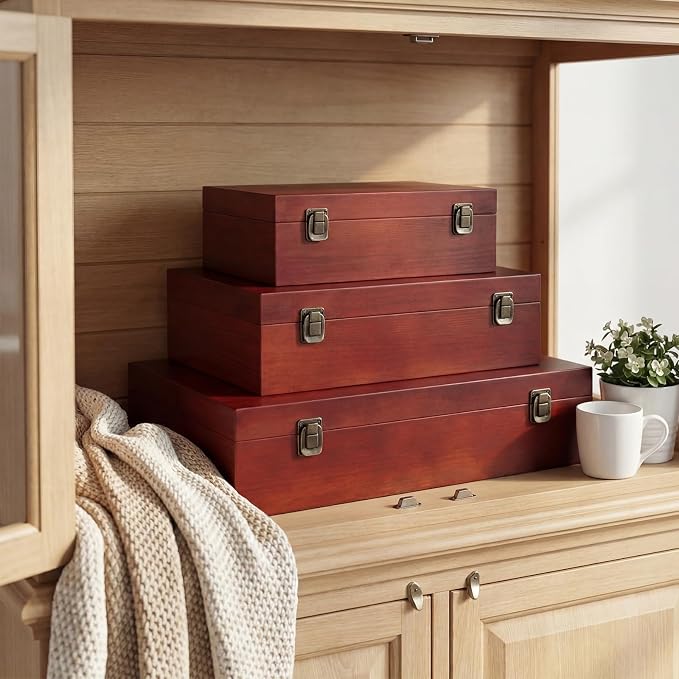 Sliner 3 Pcs Wooden Decorative Storage Boxes with Lids Vintage Wood Organizer Bins for Your Bookshelf Home Decor Safely Store Photos Documents Memory Jewelry Craft Storage (Light Brown,S M L Size)