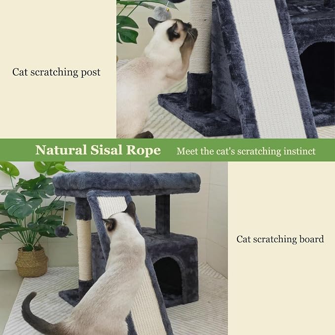 Small Cat Tree Tower for Indoor Use – Stable Condo with Scratching Post, Perch, Board, and Hideout for Kittens(Smoky Grey)