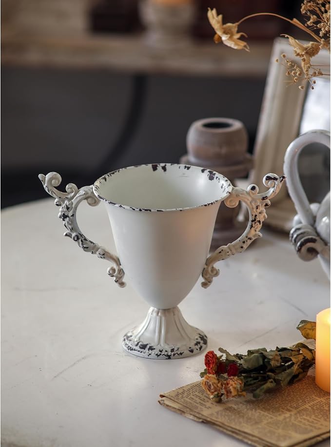 SOFE Shabby Chic White Urn Vases for Table, Small Metal Flower Vase 8" H | Distressed White Design, Lightweight, Suit for Holding Fresh Flowers, Dried Arrangements, Weddings, Housewarming Parties
