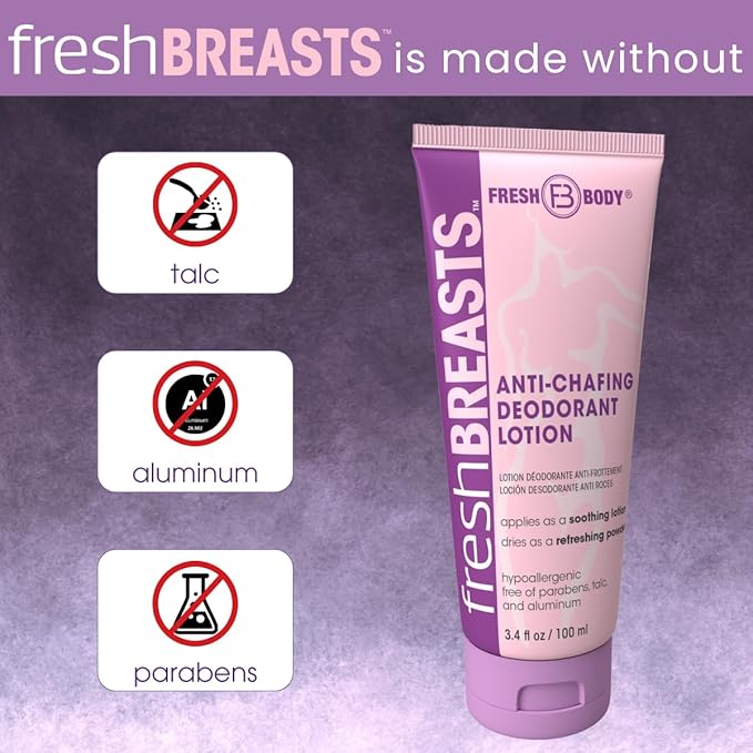 Fresh BREASTS Cream Anti Chafing Deodorant Lotion to Powder, 3.4oz (3 Pack) Anti Chafe Whole Body Deodorant for Women, Inner Thighs & Areas that Sweat - No Talc, Aluminum or Fragrance