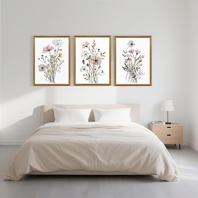 WRFON Framed Botanical Canvas Wall Art Set of 3, Watercolor Floral Prints, Framed Flower Wall Decor for Bedroom Bathroom Living Room, 16x24 Inch Each