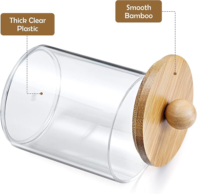 VITEVER 3 Pack Qtip Holder Dispenser with Bamboo Lids - 10 oz Clear Plastic Apothecary Jar Containers for Vanity Makeup Organizer Storage - Bathroom Accessories Set for Cotton Swab, Ball, Pads, Floss