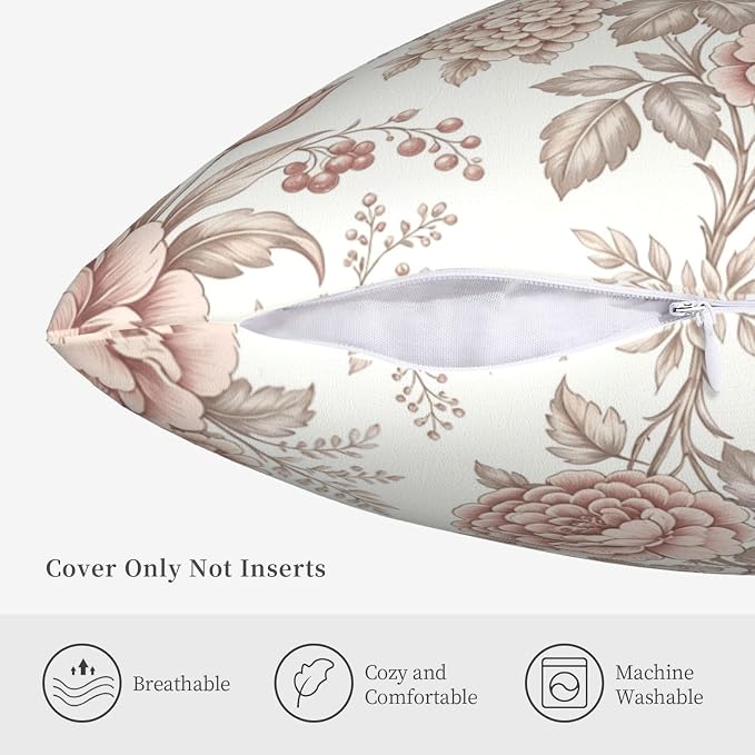 Vintage Pink Floral Throw Pillow Covers 18x18 Inches Set of 2 Chinoiserie Farmhouse Decor Cushion Cases