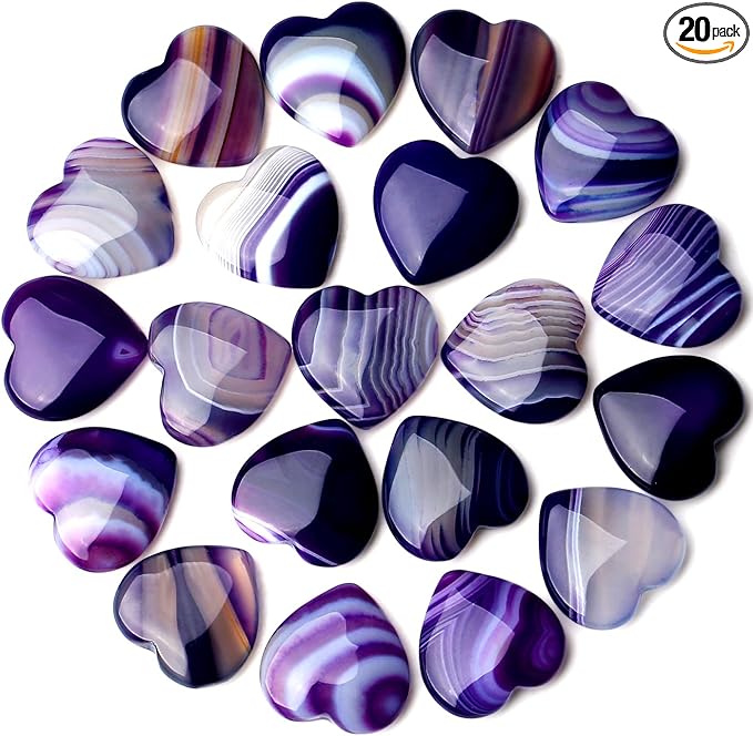 QINJIEJIE 20PCS Purple Agate Heart Stones Crystals Bulk Love Shaped Worry Stone Heart Rock Pocket Polished Palm Gems Crystal Reiki Balancing Wholesale Carved Stone Decor Gift