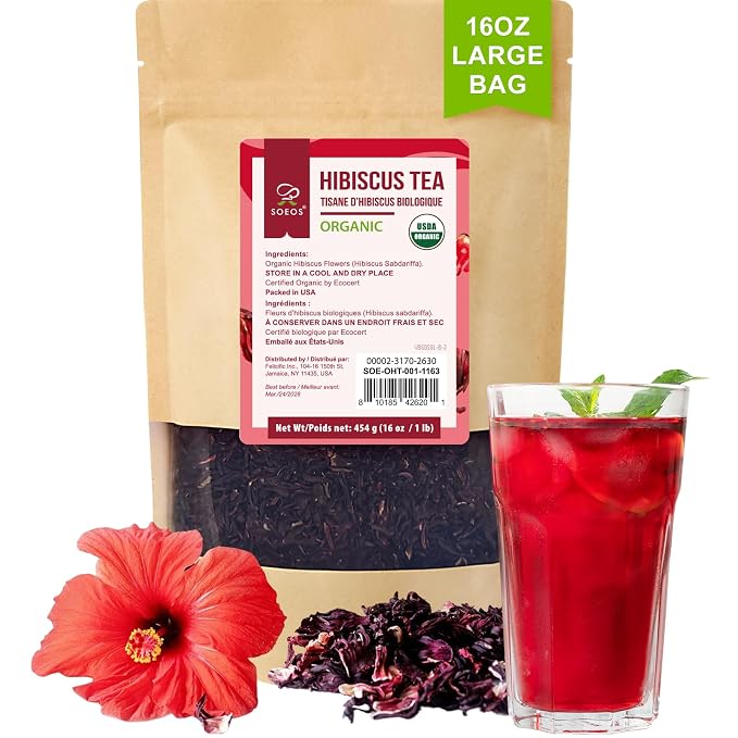 Soeos Organic Hibiscus Flower Herbal Tea, 1lb (16oz), Hibiscus Tea Loose Leaf, Bold Tart Flavor, Caffeine-Free & Naturally Refreshing, Perfect for Iced Tea, Hot Infusions, and Floral Blends