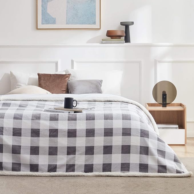 Sherpa Plaid Twin Blanket 60" X 70", Fuzzy Fluffy Soft Cozy Throw Blanket, Twin Size Plush Fleece Flannel Plush Microfiber Blanket for Couch Bed Sofa (Grey)