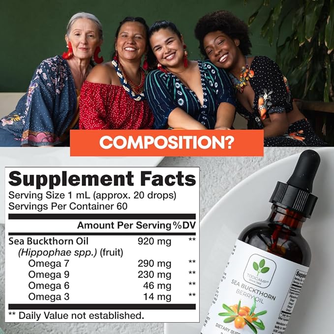 Sea Buckthorn Oil Organic - 2 fl oz Cold-Pressed Sea Buckthorn Berry Oil - Seabuckthorn Oil for Face and Organic Sea Buckthorn Oil Supplement