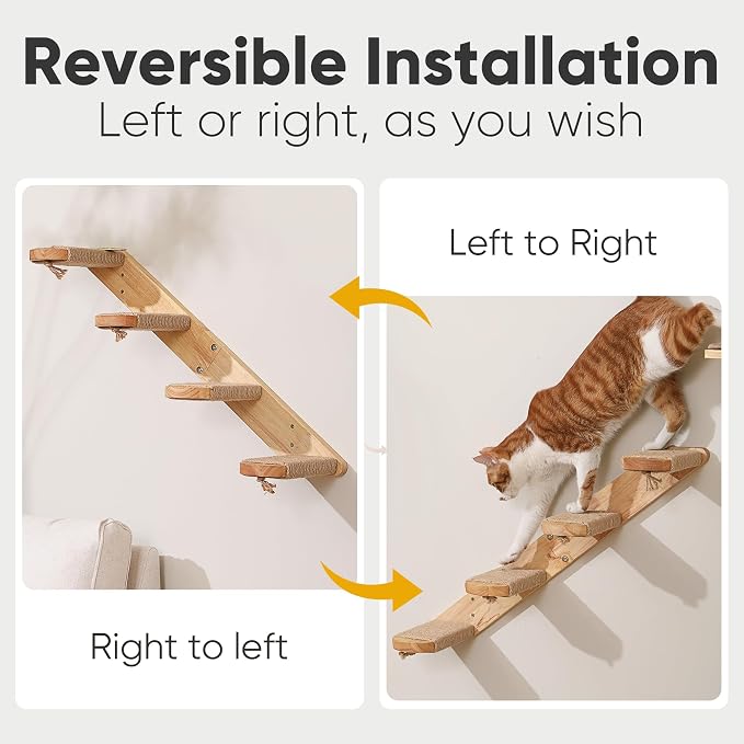 FUKUMARU Cat Climbing Shelf Wall Mounted, Large | Four Step Cat Stair, Natural Jute Scratching, Solid Rubber Wood, Kitten Shelves Furniture