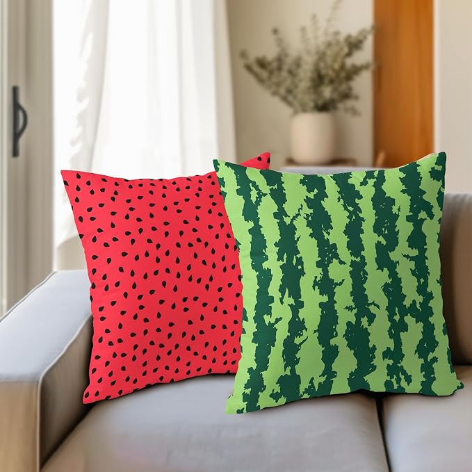 Watermelon Pillow Covers 16X16 Inch Set of 2 Summer Fruits Decorative Pillow Cases Green Red Stripes Cotton Linen Cushion Case Farmhouse Modern Home Decor for Sofa Couch Bedroom