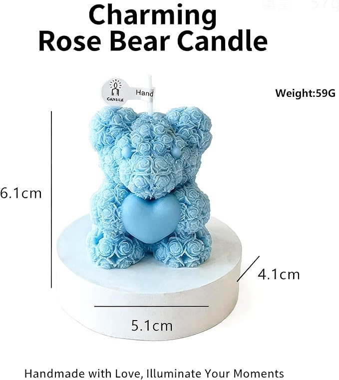 Cute Bear with Heart Scented Candle,60G Teddy Bear Rose Clusters Aesthetic Handmade Soy Wax Aroma Decorative Candle for Table Photo Prop Wedding Birthday Gift,Prefect for Meditation Stress-Blue