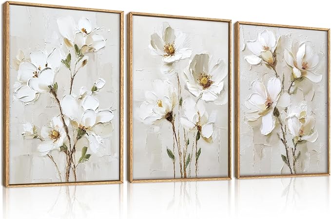 FWIEXA 3D Beige White Floral Canvas Wall Art,Neutral Flower Framed Wall Art Texture,Modern Abstract Botanical Paintings,16x24In Watercolor Minimalist Wildflower Artwork Magnolia Painting for Living Room,Bedroom,Office