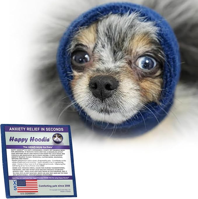 Happy Hoodie The Original Dog & Cat Calming Band - American Brand - Anxiety Relief/Noise Protection-Grooming-Thunder-Fireworks (XS, Blue) - Since 2008