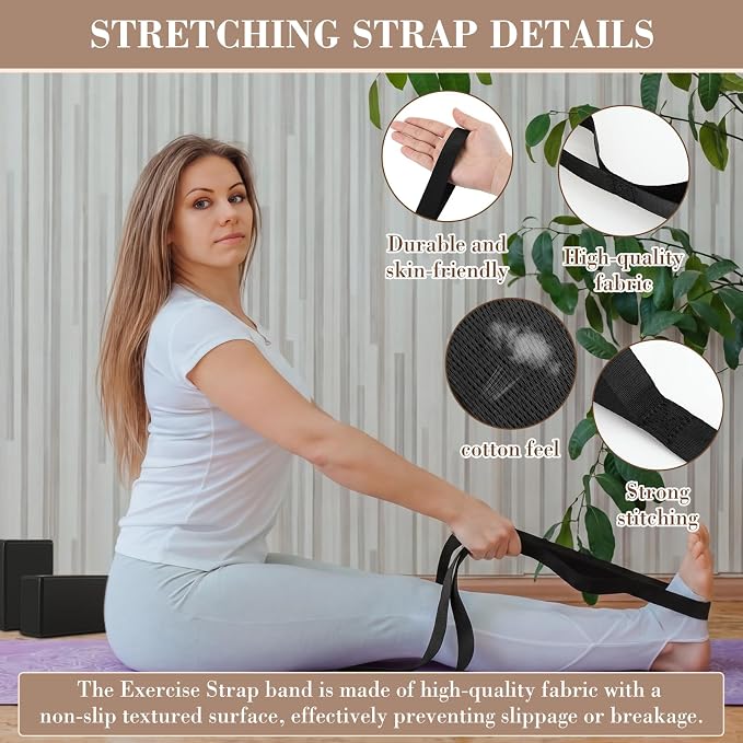 4 Pcs Adjustable Yoga Stick (30/45/60 In) with Exercise Strap Yoga Blocks Exercise Rod Workout Staff 60 Inch Sturdy Carbon Steel Stretching Stick with Non Slip Ends for Physical Pilates