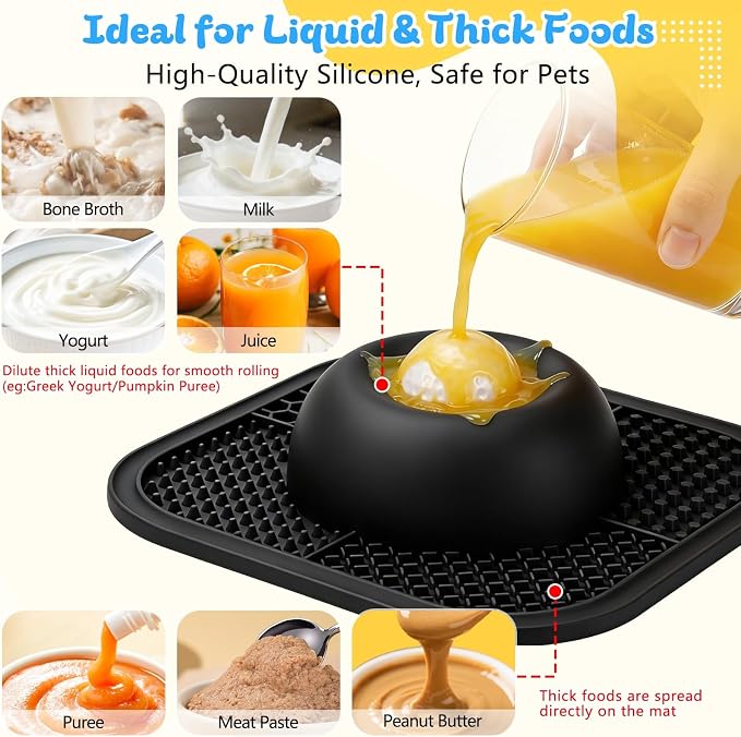 Slow Feeder Dog Bowls & Lick Mat for Liquid and Thick Treat, Anti-Slip Dog Lick Bowl with Interactive Rolling Ball, 5/6 Cup Pup Licking Toy for Large Medium Small Dogs and Cats Black