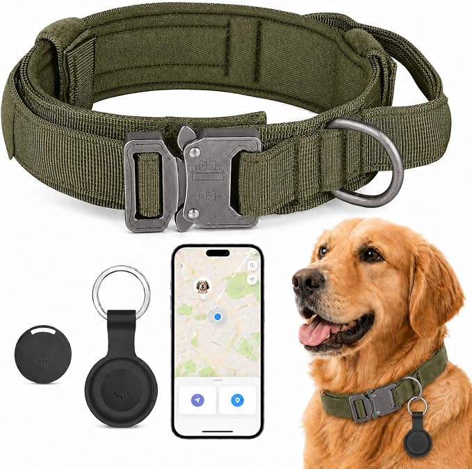 Pet GPS Tracker for Dogs, Compatible with Apple Find My(iOS Only), No Monthly Fee, IP67 Waterproof Anti-Lost Locator, 12-Month Battery, Includes Silicone Collar Holder & Tactical Dog Collar