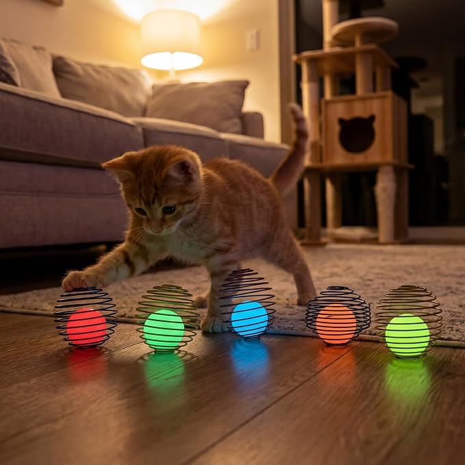 Jecery 5 Pcs Cat Toys Spring,Glow Ball,Multicolor