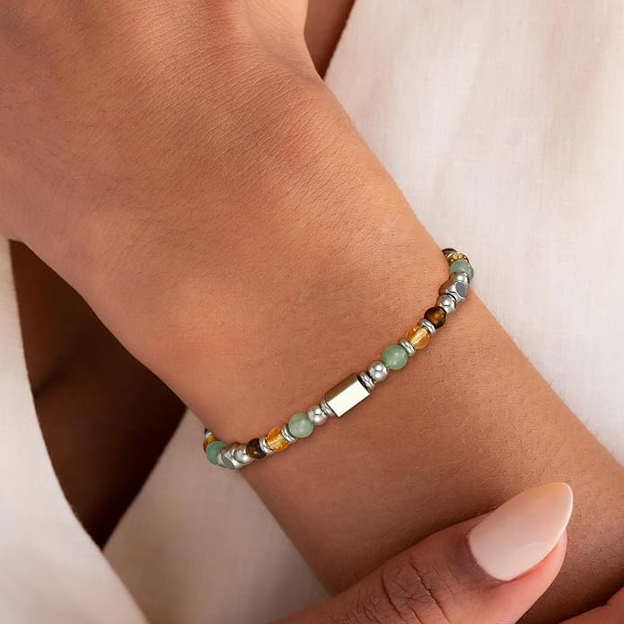 Natural Healing Crystal Bracelet for Women, Triple Protection Anxiety Relief New Beginnings Good Luck Empath Protection Jewelry Gift for Friends Daughter Mom 6.5+1.8 Inches
