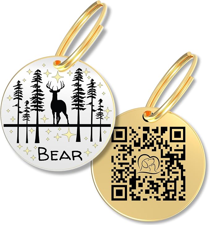 PawFurEver QR Code Dog Tag - Custom Dog Tags/Pet ID Tags for Dogs, Engraved Dog Tag & Pet Tag, Stainless Steel Dog Tags Personalized for Pets (Deer, Gold)