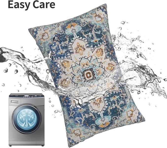 AEIOAE Boho Pillow Covers 12x20 Inch Set of 2,Carpet Pattern Throw Pillows Case,Blue Yellow Ethnic Design Outdoor Decorative Square Linen Farmhouse Decor Cushion Covers for Home Sofa Bed Couch