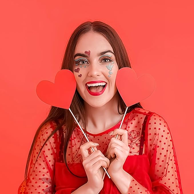 Valentine Face Gems Face Jewels Stickers Red Love Heart Lip Self Adhesive Eye Body Face Nail Hair Crystal Rhinestones for Makeup Festival Glitter Face Art Decor 2Sheets (style5)