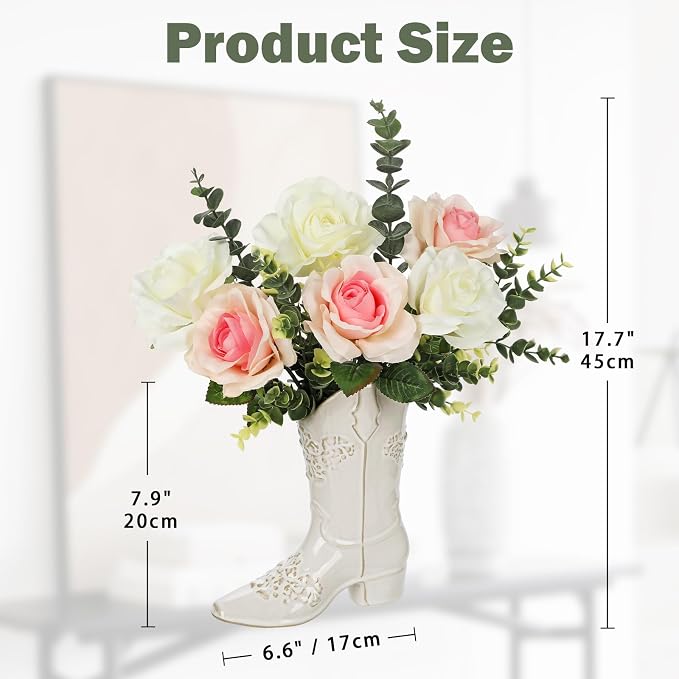 Artificial Flower Plant in Ceramic Cowboy Boot Vase Faux Floral Decor