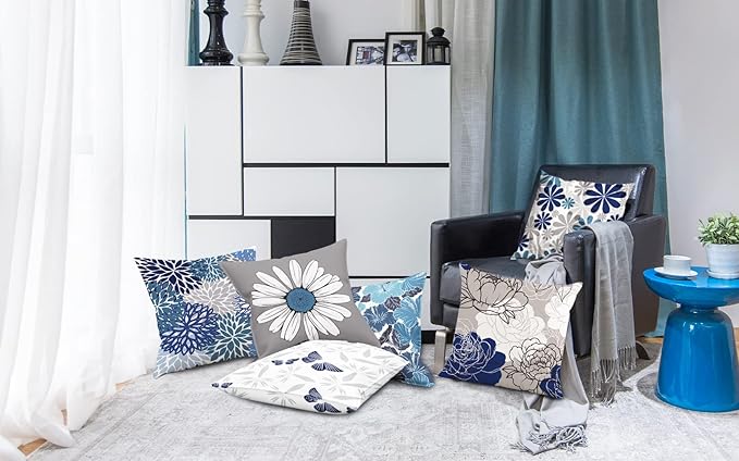 COMMINY Blue Grey Pillow Covers 18x18 Set of 6 Decorative Daisy Flower Throw Pillow Cover for Couch Modern Pillow Case for Patio Living Room Cushion Bed Farmhouse Home Decor | blue daisy Floral,decorative cushion cover,Breathable Linen,standard Throw P...
