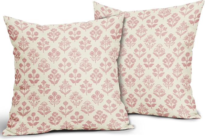Pink Floral Pillow Covers 24x24 Inch Set of 2, Vintage Flower Block Print Pattern Decorative Throw Pillowcases Outdoor Farmhouse Cushion Covers Spring Summer Rustic Decoration Sofa Couch Bed Decor