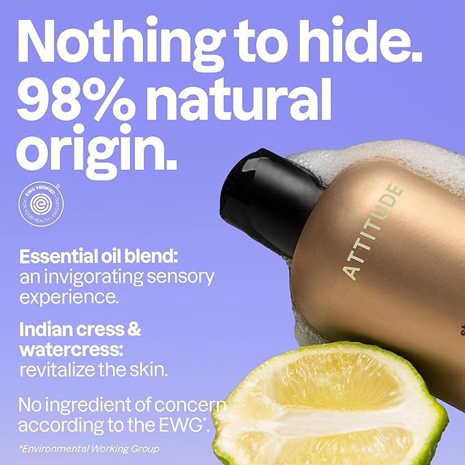 ATTITUDE Body Wash with Essential Oils, Moisturizing Shower Gel, Gentle Daily Cleanser, EWG Verified, Vegan Clean Beauty Skin Care, Bergamot & Ylang Ylang, 15 Fl Oz
