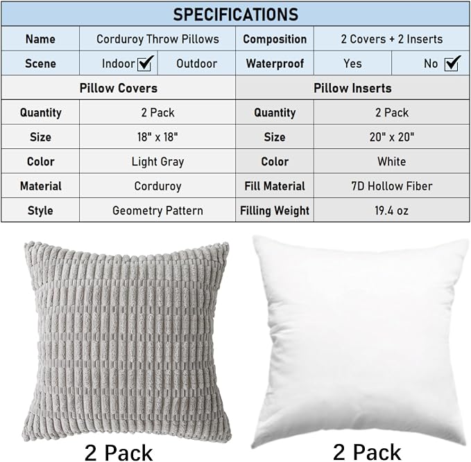 2 Pack Corduroy Decorative Throw Pillow with Inserts, 18x18 Inch Soft Boho Throw Pillow, Square Striped Throw Pillows for Couch, Bed, Sofa Decor (Light Gray)