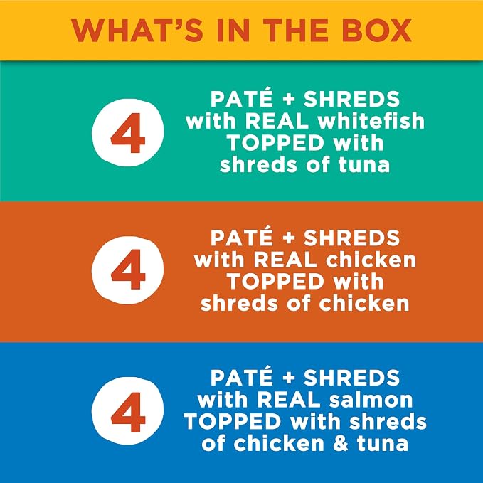 Meow Mix Paté & Shreds, Seafood & Poultry Wet Food Variety Pack, 12 Cups