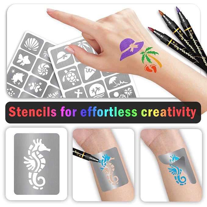 Temporary Tattoo Markers for Kids and Adults, 12 Metallic Markers and 150 Tattoo Stencil Designs, Cosmetic Tattoos Pens for Party Favor Gift and Face Painting