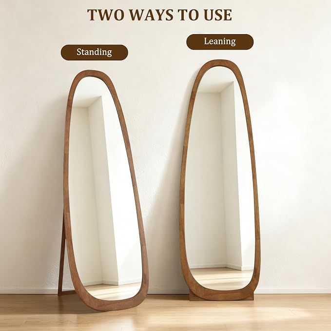 22x65 Inch Irregular Full Length Mirror with Stand, Floor Mirror with Wooden Frame,Full Body Mirror for Bedroom, Living Room, Cloakroom, Walnut