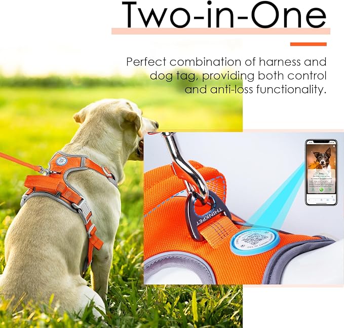 ThinkPet No Pull Harness Breathable Sport Harness with QR Code Dog Tag Reflective Dog Harnesses Smart ID Tagwith Handle Adjustable for Medium Large Dogs Back/Front Clip for Easy Control XL Orange