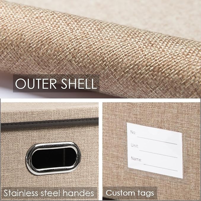 Storage Bins with Lids [3-Pack] Jute Fabric Foldable Storage Boxes Organizer Containers Baskets Cube with Cover for Home Bedroom Closet Office Nursery khaki（11.4X8.6X6.7