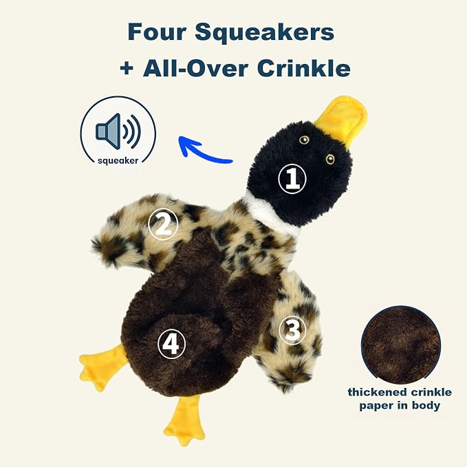 Stuffing-Free Duck Dog Toy, Plush Squeaky Toy with 4 Squeakers and Crinkle Wings, Hollow Body No-Stuffing Design for Small Medium Dogs