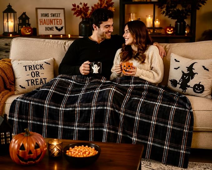 Halloween Fall Fleece Throw Blanket, Black White Orange Plaid, 50x60 | Ultra-soft cozy flannel fleece, for sofa bed couch chair & dorms, spooky Halloween décor, durable and machine washable.