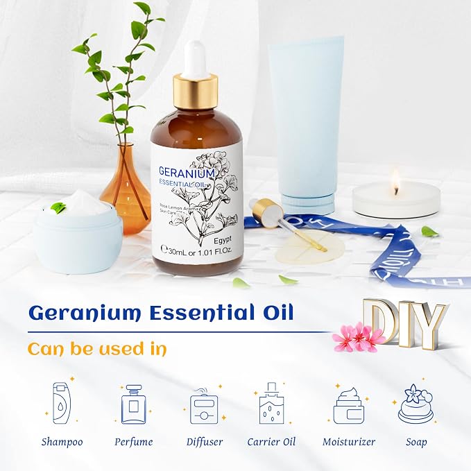 HIQILI 30ML Geranium Essential Oil， for Skin, Diffuser & Candle - 1.01 Fl.Oz | Refreshes Air, Repels Bugs, Soothes Skin & Mind, Great for Aromatherapy, DIY Soap & Candle - 30mL / 1.01 fl.oz