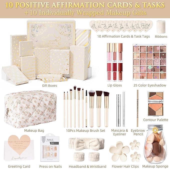 Teen Girl Gifts Trendy Stuff, 10 Positive Affirmation Cards & Empowering Challenges to Unlock 10 Wrapped Makeup Gift Set Motivational Birthday Christmas Gift Stocking Stuffers for Tween & Teenage Girl