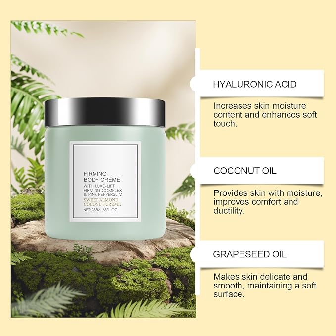 Champagne Lift Body Creme, Firming Complex and Pink Pepperslim Skin Moisturizer Tightens Hydrates Dry Skin Arms & Legs. (Sweet Almond Coconut)