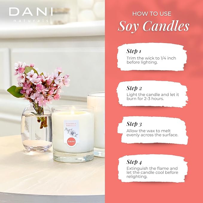 DANI Naturals Coconut Hibiscus 100% Soy Wax Candle, Non-Toxic, 7.5oz | Vegan, soy wax candle,Clean-burning with organic cotton wick,Tropical coconut hibiscus scent,Made in USA