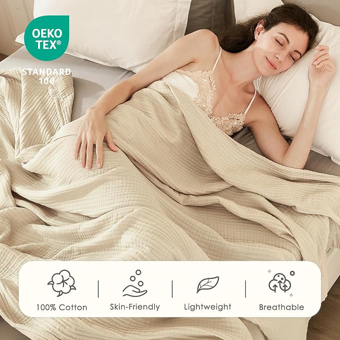 EMME Muslin Blankets for Adults Throw Blanket for Couch Breathable Gauze Soft Lightweight Airy Beige Super King 120" x 94"