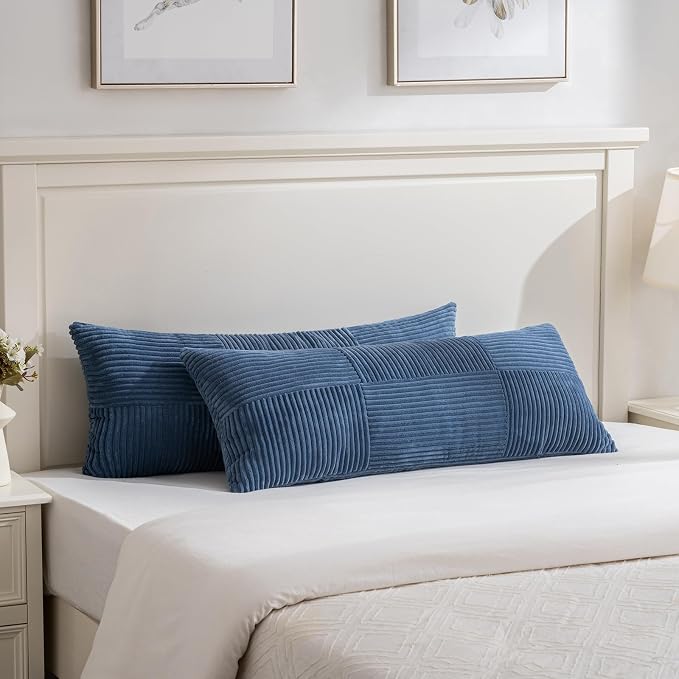 Fancy Homi Set of 1 Dusty Blue Boho Long Lumbar Body Decorative Throw Pillow Cover 14x36 Inch for Bed Couch Bedroom Bench, Soft Patchwork Corduroy Textured Pillow Case, Rustic Farmhouse Room Decor