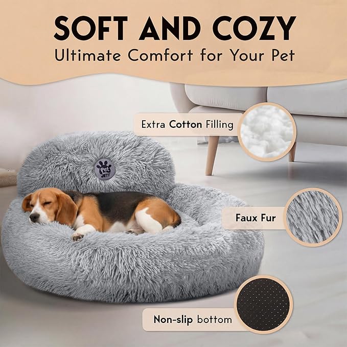 PetJett Calming Dog Bed Medium Size Dog - 30'' Donut Bed, Washable Dog Bed - Anti-Slip Super Soft Fluffy Plush Round Bed, Anti-Anxiety Premium Comfort Pet Bed, Fits Dogs up to 45 lbs - Bright Grey
