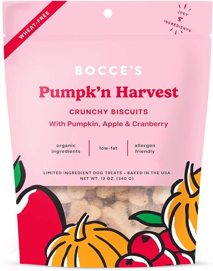 Bocce's Bakery Natural, Small Batch, Organic Dog Treats, Pumpk'n Harvest Biscuits, Wheat-Free, Limited-Ingredient, Made in The USA with 100% Recyclable Packaging, 12 oz Bag