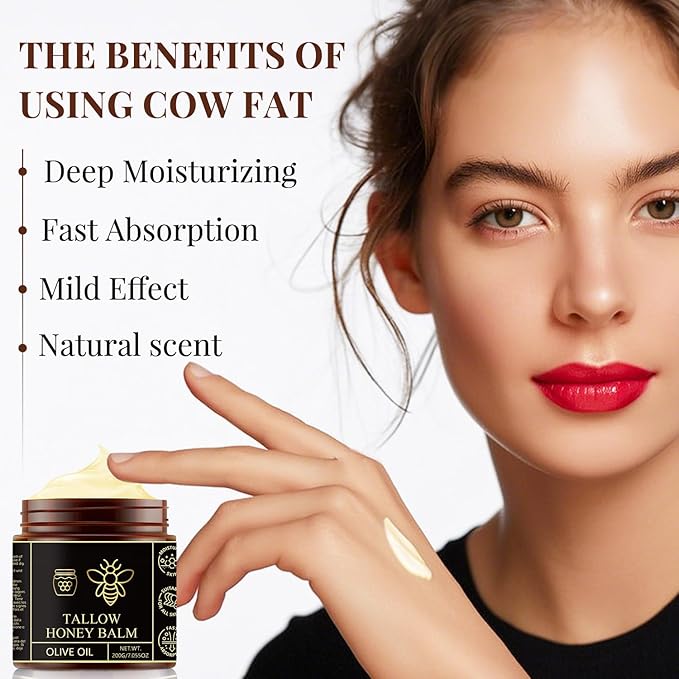 Beef Tallow for Skin - Organic Grass Fed & Whipped Tallow Honey Balm for Face, Body, Natural Moisturizer - Cream Deeply Nourishing for Soft, Supple, Dry Skin, Natural Formula 7.055 oz